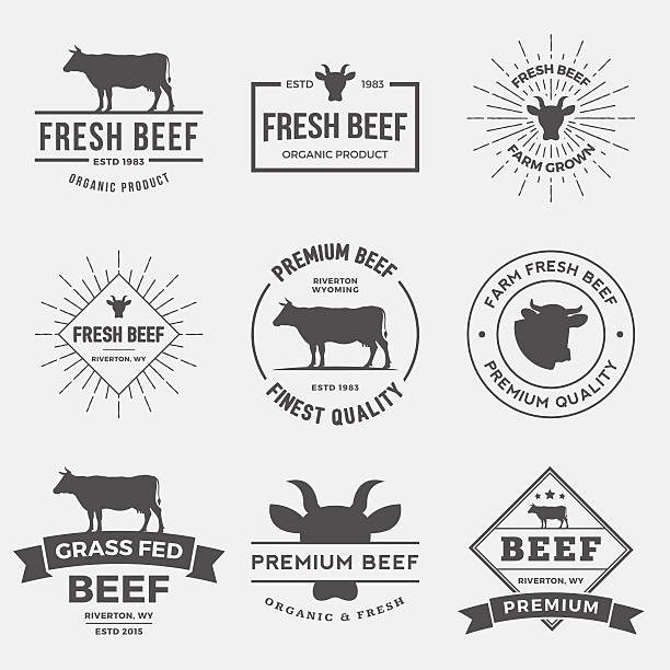 ilustrações, clipart, desenhos animados e ícones de conjunto vetorial de rótulos de carne bovina premium, crachás e elementos de design. - beef