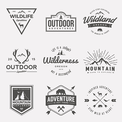 vector set of wilderness and nature exploration vintage  logos, emblems, silhouettes and design elements