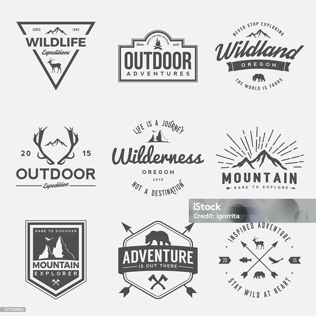 vector set of wilderness and nature exploration vintage  logos vector set of wilderness and nature exploration vintage  logos, emblems, silhouettes and design elements Mountain stock vector