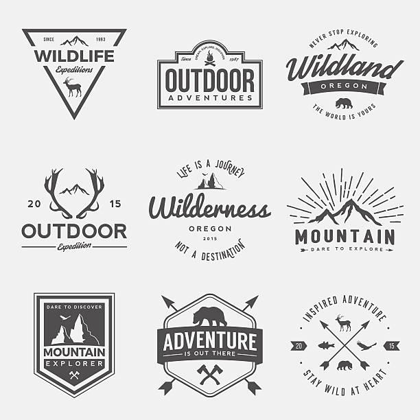 vector set of wilderness and nature exploration vintage  logos vector set of wilderness and nature exploration vintage  logos, emblems, silhouettes and design elements adventure illustrations stock illustrations