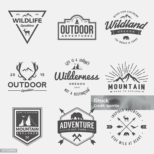 Vector Set Of Wilderness And Nature Exploration Vintage Logos Stock Illustration - Download Image Now