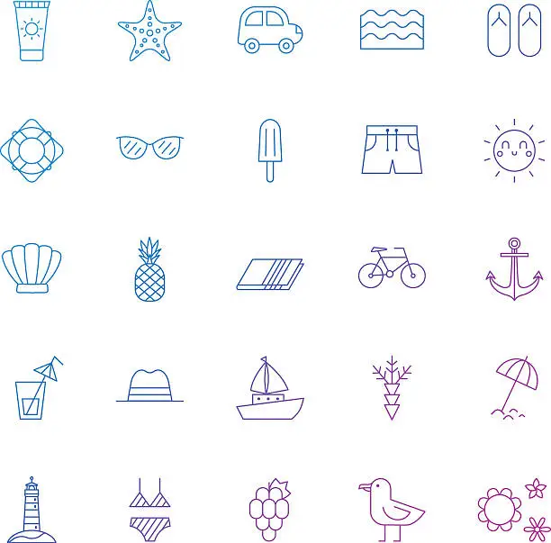 Vector illustration of Summer, sea and beach blue-purple gradient outline icon set.