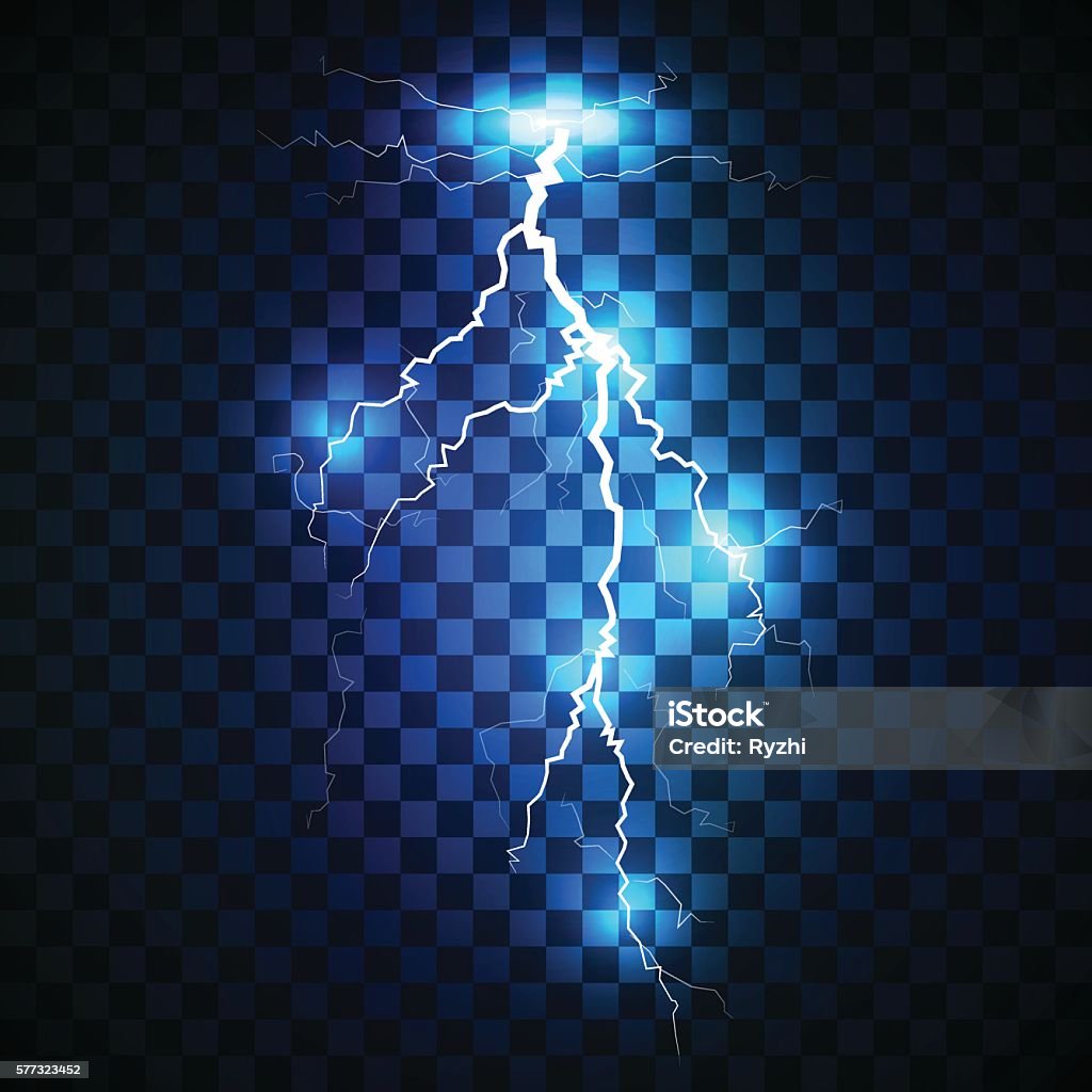 Realistic lightning on blue background. Realistic white lightning strike surrounded with shining blue lights on blue background. Can be used for company logos, business identity, print products, page and web decor or other design. Abstract stock vector