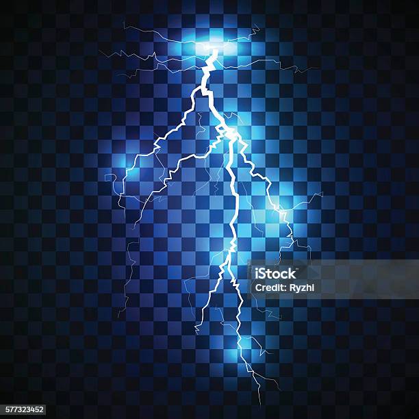 Realistic Lightning On Blue Background Stock Illustration - Download Image Now - Abstract, Backgrounds, Blue