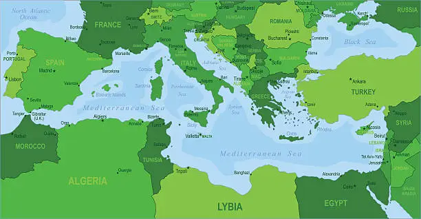 Vector illustration of Map of Mediterranean - countries and cities