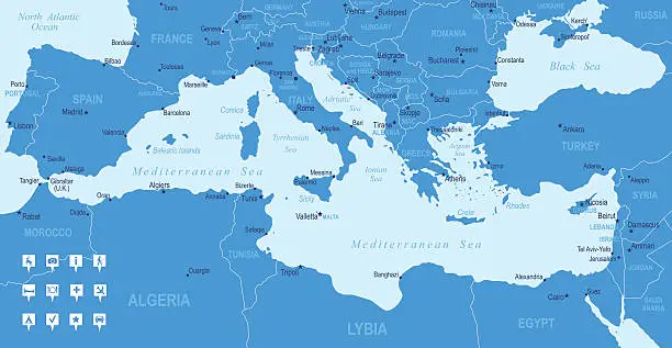 Vector illustration of Map of Mediterranean - countries, cities, navigation icons