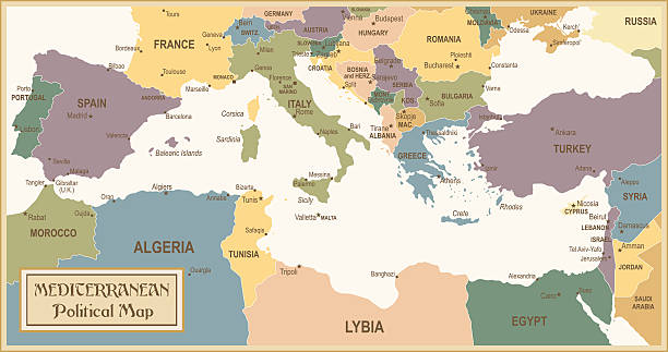 vintage mapa morza śródziemnego - ilustracja - tunisia stock illustrations