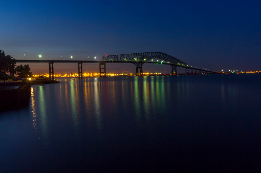 Francis Scott Key Bridge and Baltimore skyline at night