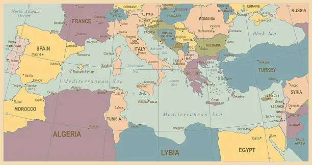 Vector illustration of Vintage Map of Mediterranean Countries