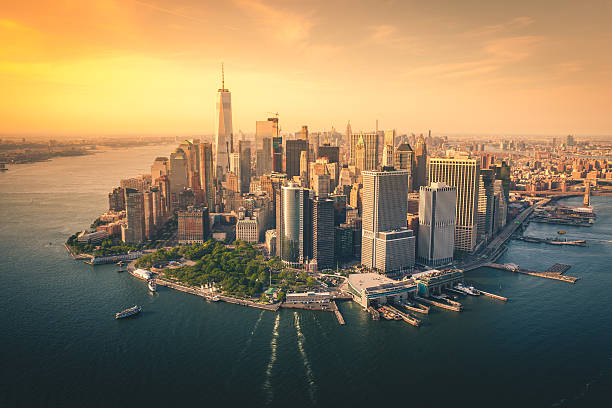istock Aerial view of lower Manhattan Skyline 577329350