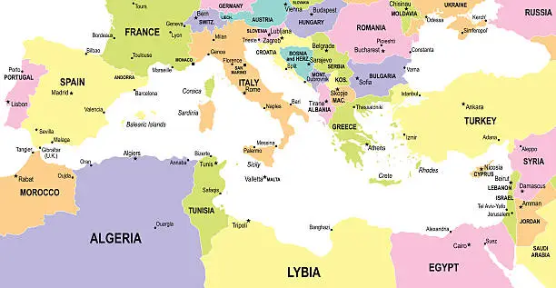 Vector illustration of Mediterranean countries map - illustration