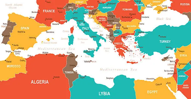 Vector illustration of Colored Mediterranean Countries Map