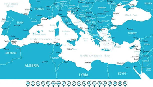 Vector illustration of Mediterranean map and Navigation Icons
