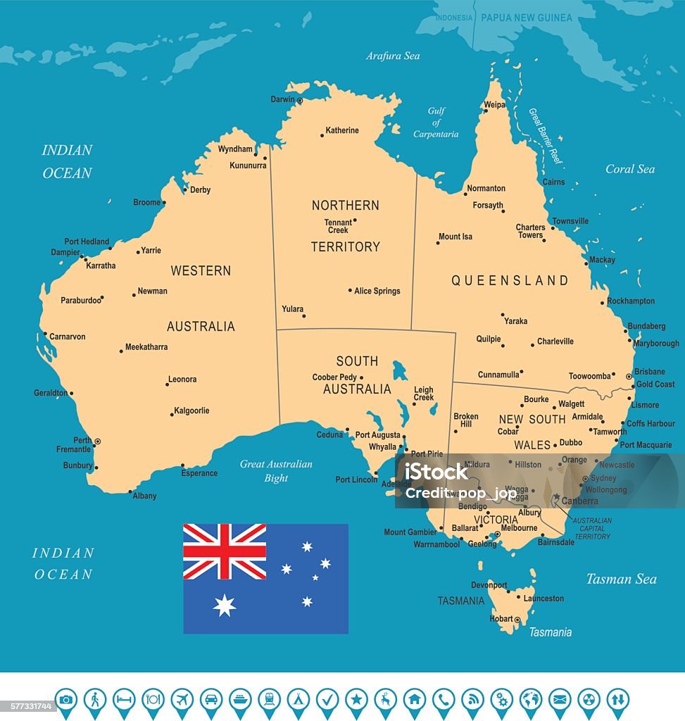 Australia Map Beige Sea Blue Map of the Australia - illustration Queensland stock vector