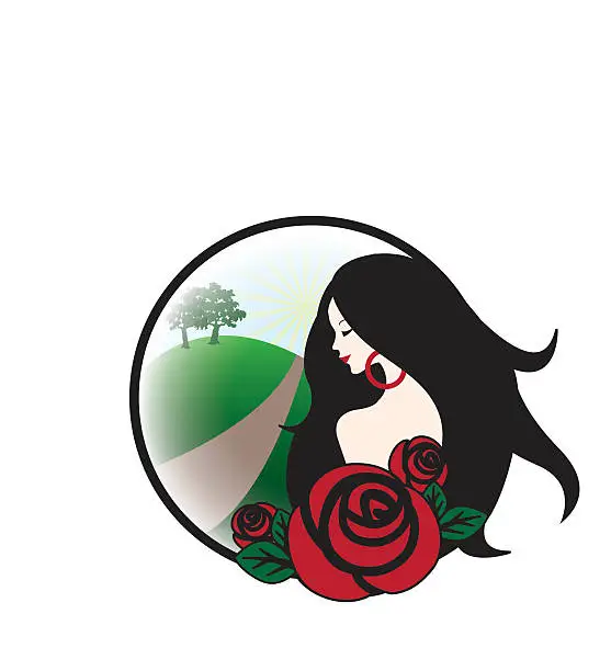 Vector illustration of Beautiful girl with long black hair and red roses