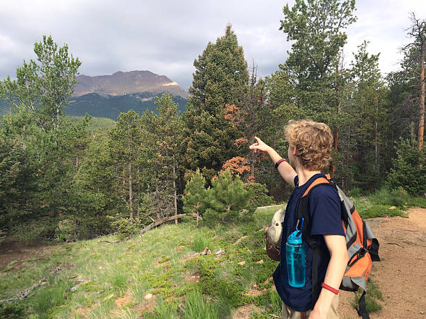 Young Male hiker points to Pikes Peak Mountain his destination
