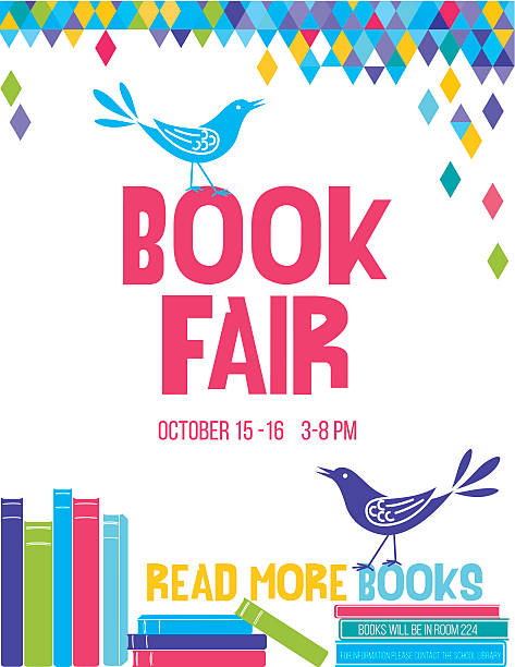 Bright Children's Book Fair Poster Template Bright Style Children's Book Fair or Book Club Poster.  There is a stack of books with a cute cartoon bird and lots of room for text. Bright and colorful with triangles on white background. book club stock illustrations