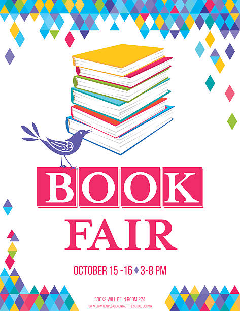 Bright Children's Book Fair Poster Template Bright Style Children's Book Fair or Book Club Poster.  There is a stack of books with a cute cartoon bird and lots of room for text. Bright and colorful with triangles on white background. book club stock illustrations