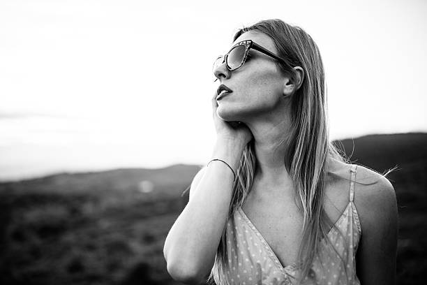 istock Blonde beauty with sunglasses,black and white 577342378
