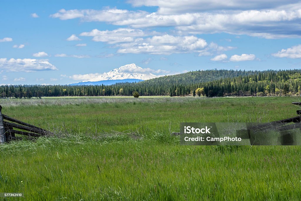 Southern Cascade ranch View of Mount Shasta from a ranch in northeast California. Modoc County - California Stock Photo