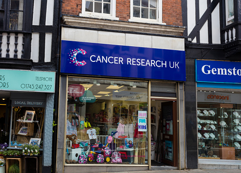 Shrewsbury, United Kingdom - June 15, 2016: An editorial stock photo of the Cancer Research UK charity shop in Shrewsbury, England. 