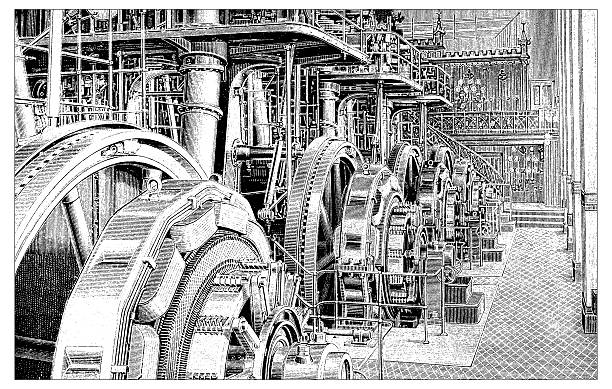 Antique illustration of power plant Antique illustration of power plant electricity drawings stock illustrations