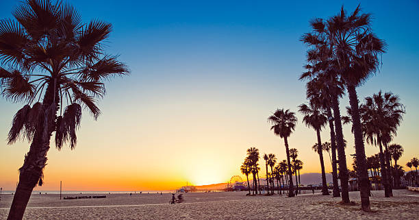 santa monica beach und pier bei sonnenuntergang - santa monica beach santa monica santa monica pier beach stock-fotos und bilder