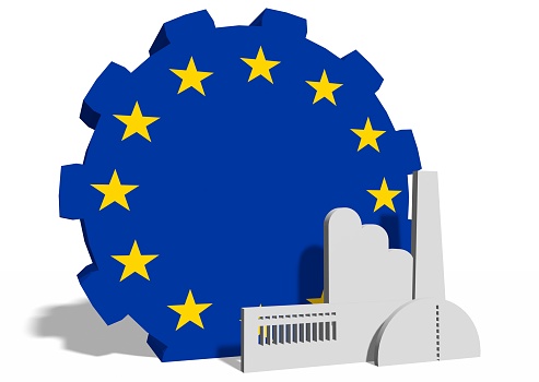 European Union industry relative concept. Factory icon and gear textured by national flag. 3D rendering
