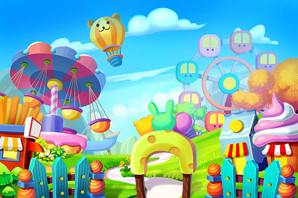 Colorful Playground, Amusement Park. Realistic Fantastic Cartoon Style Artwork Creative Illustration and Innovative Art: Background Set: Colorful Playground, Amusement Park. Realistic Fantastic Cartoon Style Artwork Scene, Wallpaper, Story Background, Card Design giant fictional character illustrations stock illustrations