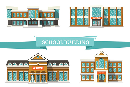 Schooll buildings on white. Flat vector illustration. Back to School.