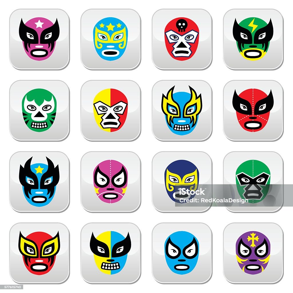 Lucha Libre, Luchador Mexican wrestling masks buttons Vector buttons set of masks worn during wrestling fights in Mexico isolated on white Lucha Libre stock vector