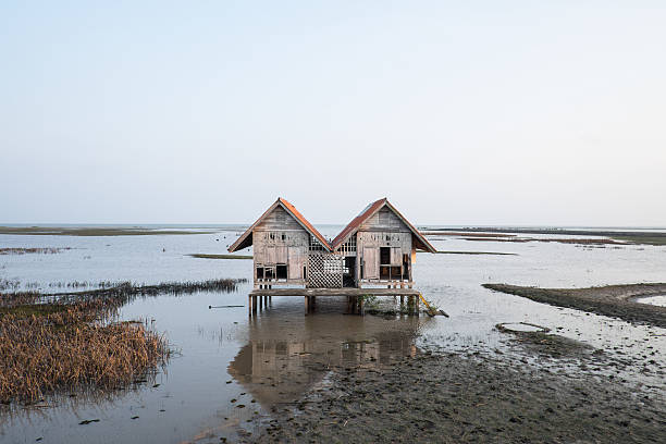 istock Twin abandoned houses on the arid lake 577616574