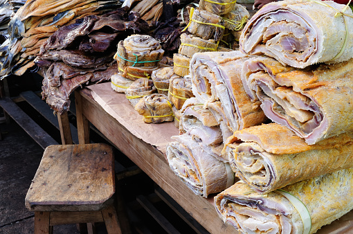 South America, Dried fish on the market in the Iquitos major city in Amazonia, Peru
