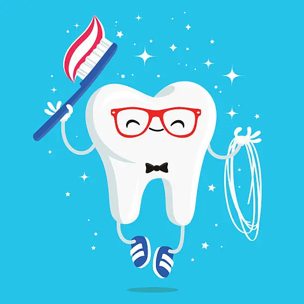 Vector illustration of Happy healthy tooth with toothpaste, brush and floss