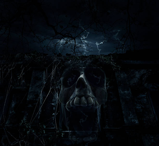 Skull blend with ancient castle over cloudy sky, Halloween concept