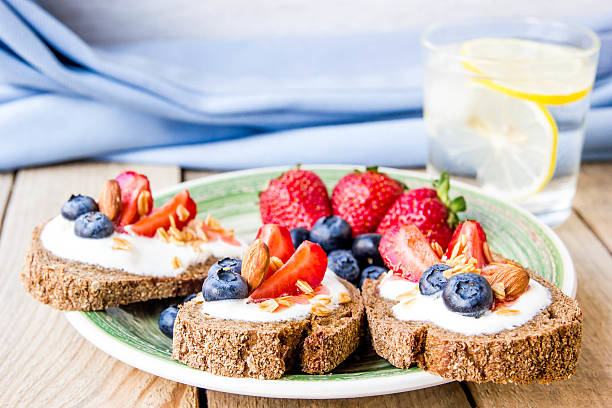 istock Sandwiches with fruits. Healthy breakfast concept 577622024