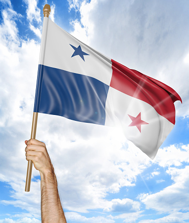 Person holding the national flag of Panama high in the air against a bright sky and sun rays.