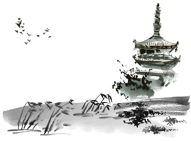 chiński krajobraz z pagodą - pagoda stock illustrations