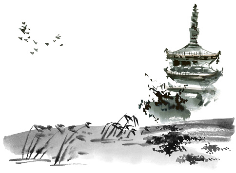 Chinese landscape with pagoda. Sumi-e, u-sin, gohua style. Hand made watercolor and ink painting.