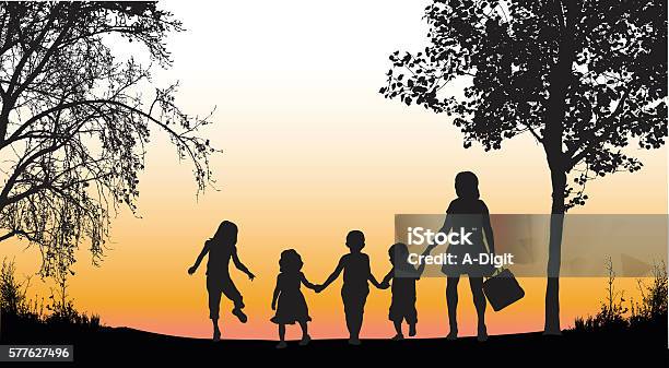 Afternoon Daycare Walk Stock Illustration - Download Image Now - In Silhouette, Rear View, Skipping