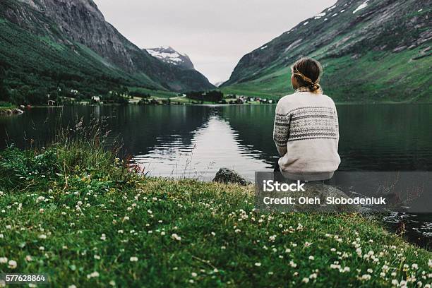 Woman Near The Lake Stock Photo - Download Image Now - Nature, Norway, Women