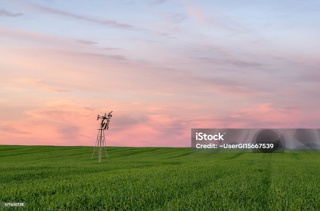 Broken Wind pump on Farmlands Old broken wind pump on lush farmlands at sunset outside Cape Town - South Africa Agricultural Equipment Stock Photo