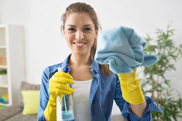 donna attraente che lava la finestra - cleaning house cleaner home interior foto e immagini stock