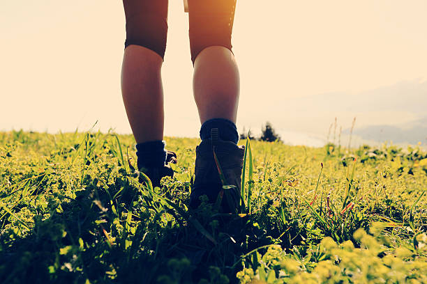 istock successful woman hiker legs  hiking on mountain peak 577636730