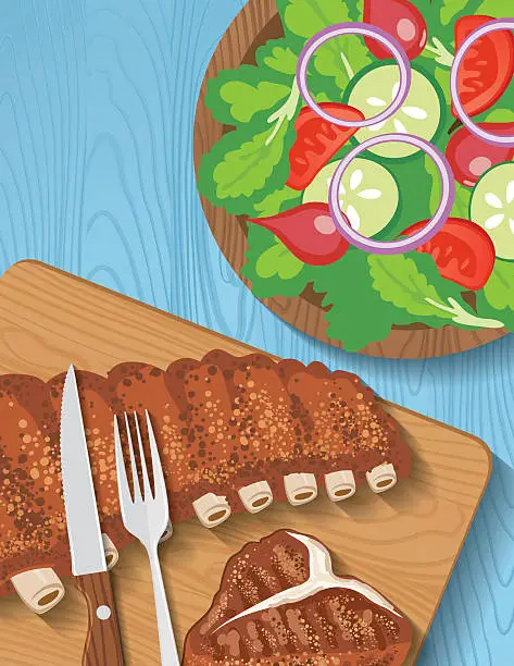 Vector illustration of Picnic Table With BBQ foods On A Picnic Table