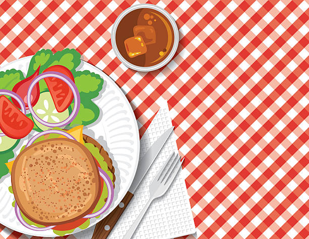illustrations, cliparts, dessins animés et icônes de table de pique-nique avec des aliments barbecue et nappe à carreaux rouges - table de jardin