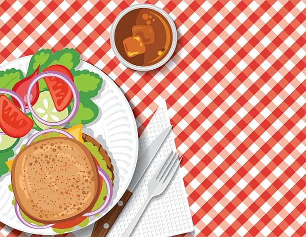 Vector illustration of Picnic Table With BBQ foods and Red Plaid Tablecloth