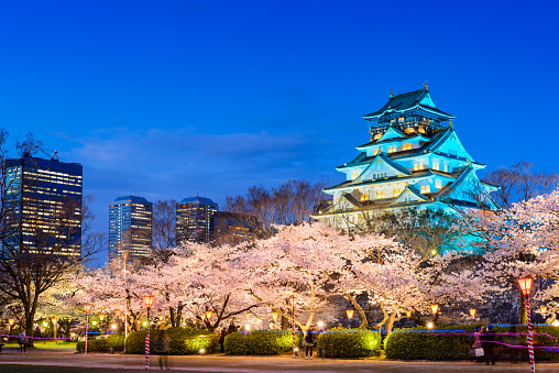Osaka, Japan - April 2, 2014: Tourists walk below Osaka Castle during the spring cherry blossom season. The original castle dates from 1583 and was most recently rebuilt in 1995.