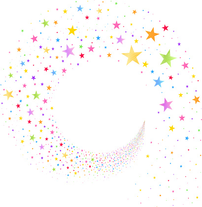 stream of multicolored stars on a white background