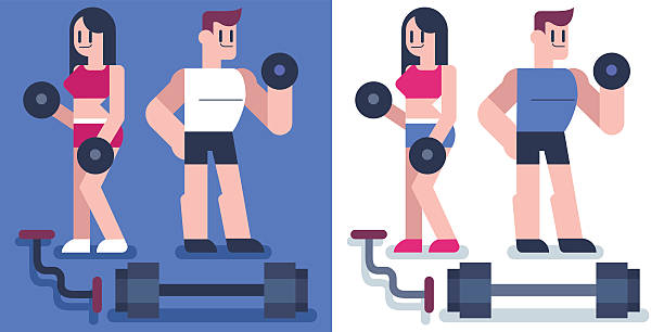 ilustraciones, imágenes clip art, dibujos animados e iconos de stock de el gimnasio  - sport couple isolated muscular build